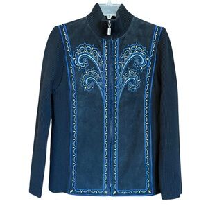 Bob Mackie Black Suede Embroidered Zip Front Sweater Jacket Size XS